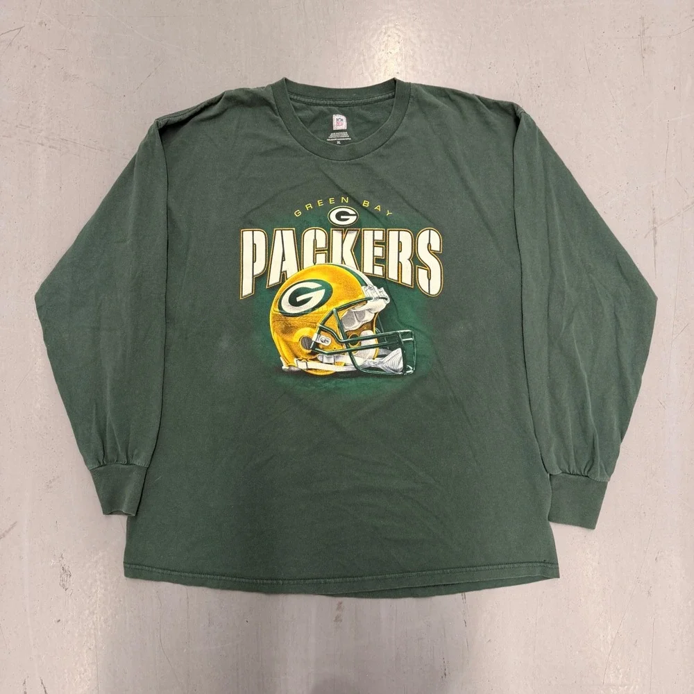 NFL Green Bay Packers Long‎ Sleeve Graphic T-Shirt Mens XL Green Helmet Logo